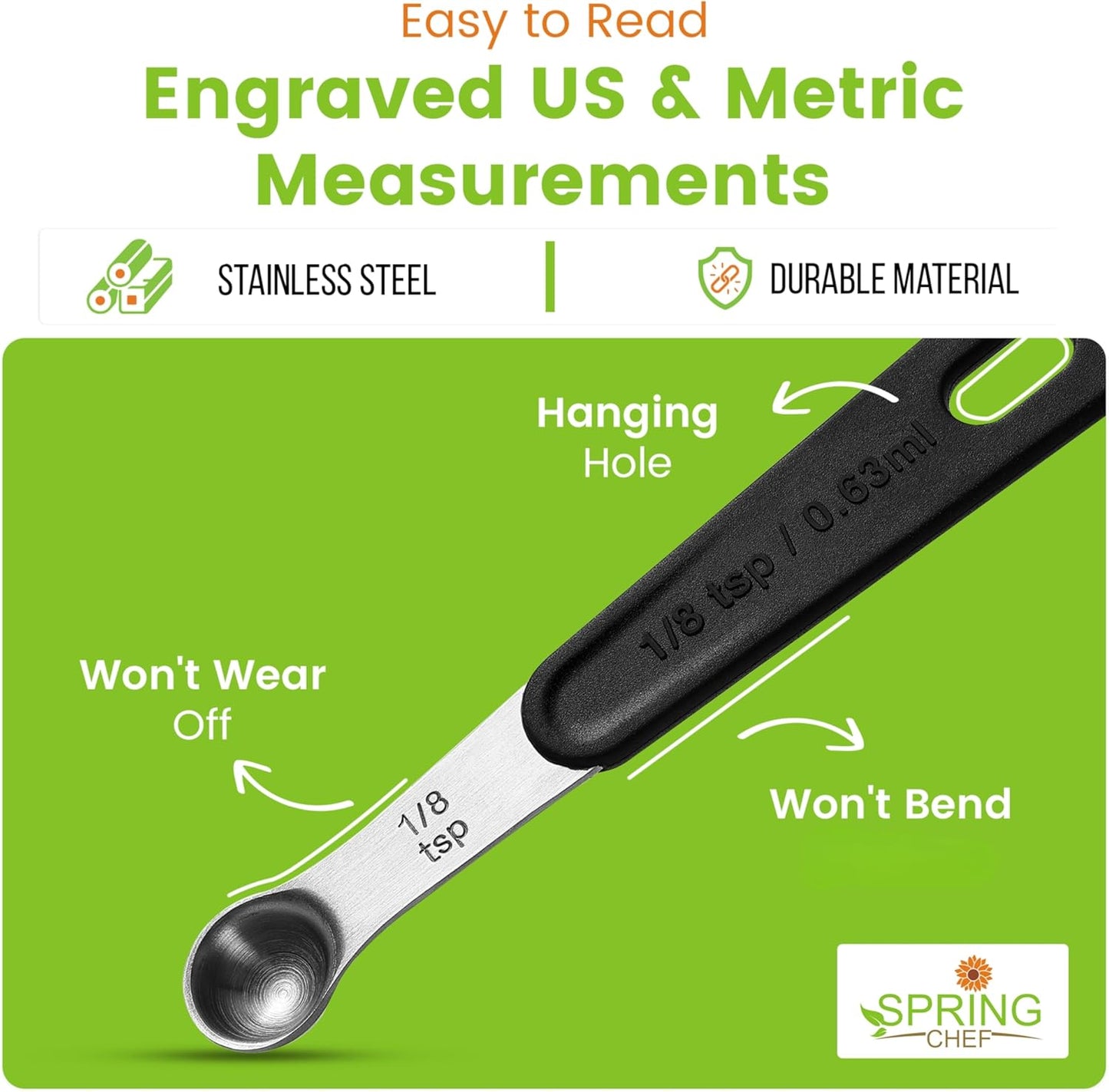 Spring Chef Stainless Steel Magnetic Measuring Spoons Set of 8 with Leveler, Round Metal Teaspoon & Tablespoon Measuring Spoons