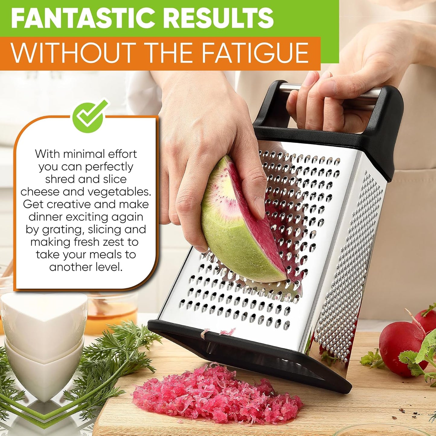 Professional Box Grater, Stainless Steel with 4 Sides, Best for Parmesan Cheese, Vegetables, Ginger, XL Size