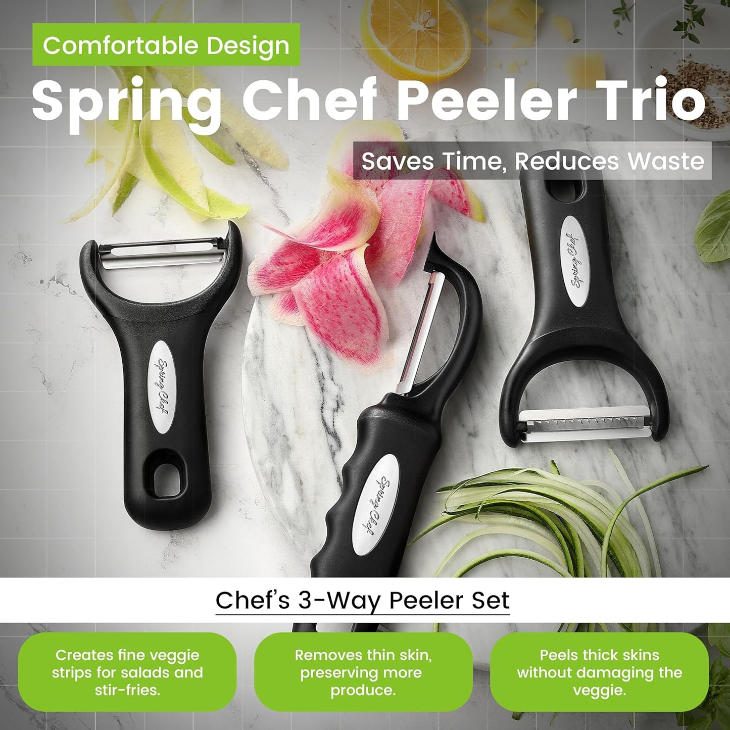 Spring Chef Vegetable Peelers for Kitchen - Stainless Steel Swivel, Y & Julienne Peelers