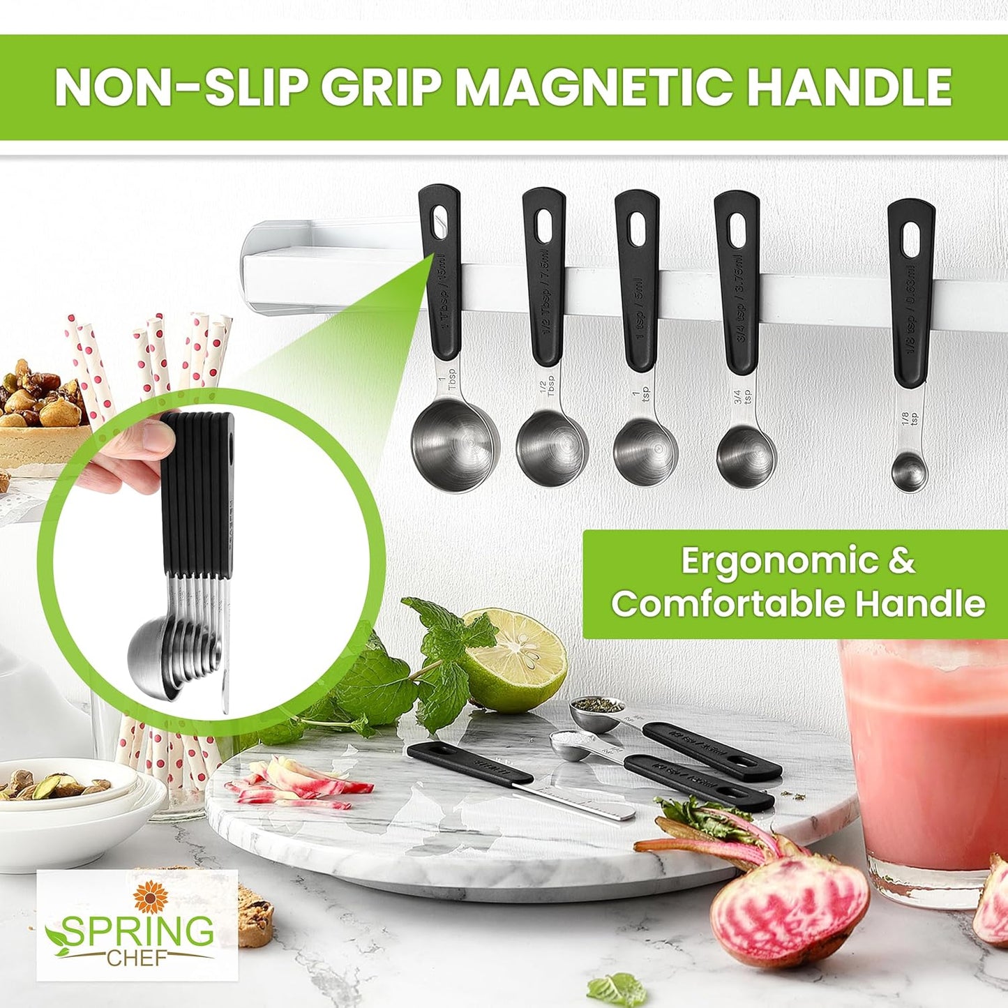Spring Chef Magnetic Measuring Cups & Spoons Set (Patent Pending), Round Set of 15 with Leveler