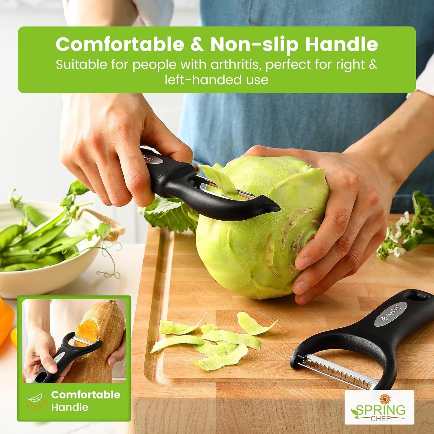 Spring Chef Swivel & Vegetable Julienne Peeler Set with Stainless Steel Sharp Blades -Black
