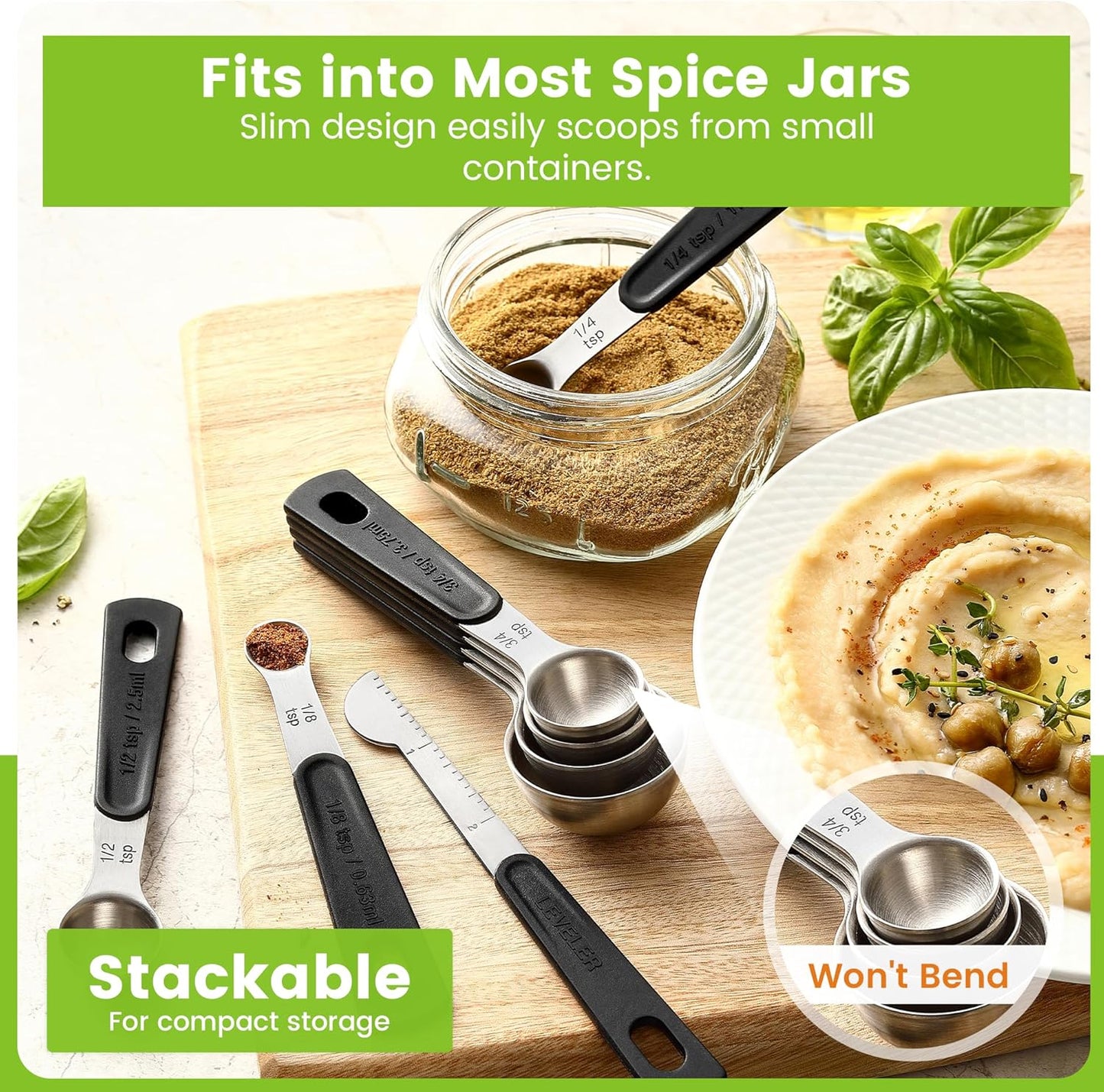 Spring Chef Stainless Steel Magnetic Measuring Spoons Set of 8 with Leveler, Round Metal Teaspoon & Tablespoon Measuring Spoons