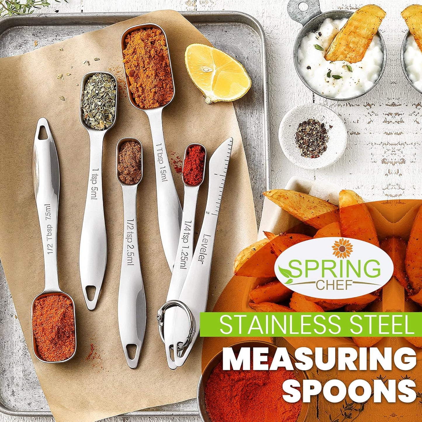 Heavy Duty Rectangular Stainless Steel Metal Measuring Spoons (Set of 6 Including Leveler)