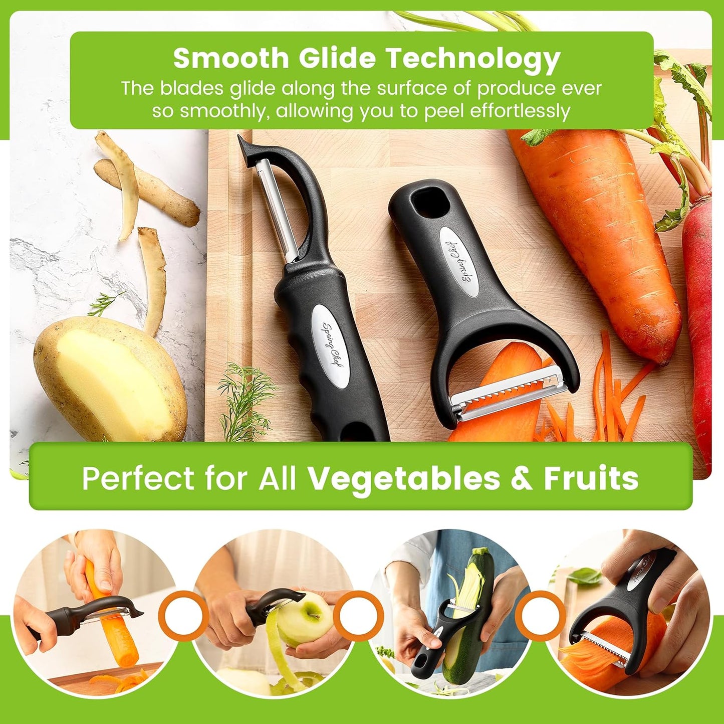 Spring Chef Swivel & Vegetable Julienne Peeler Set with Stainless Steel Sharp Blades -Black
