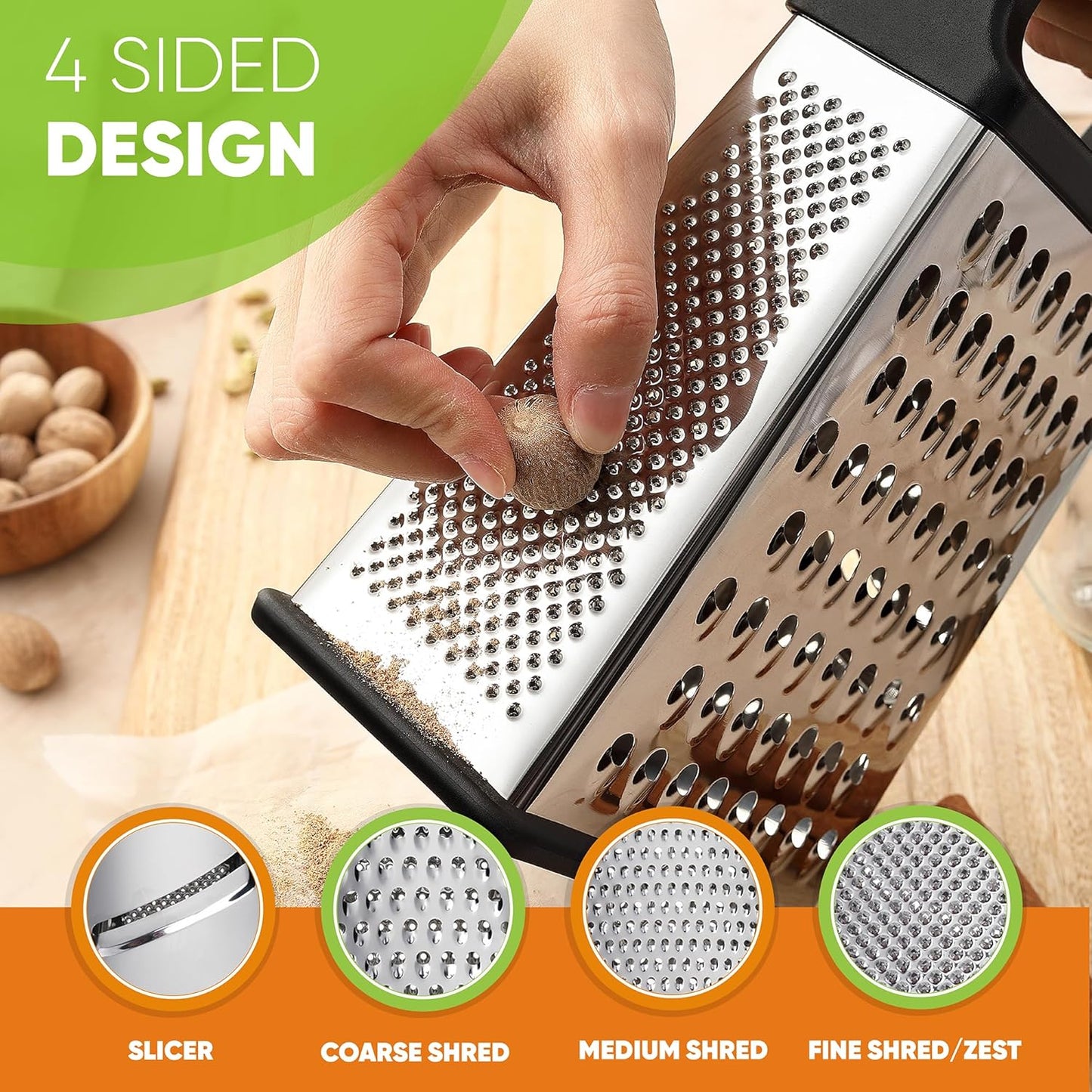 Professional Box Grater, Stainless Steel with 4 Sides, Best for Parmesan Cheese, Vegetables, Ginger, XL Size