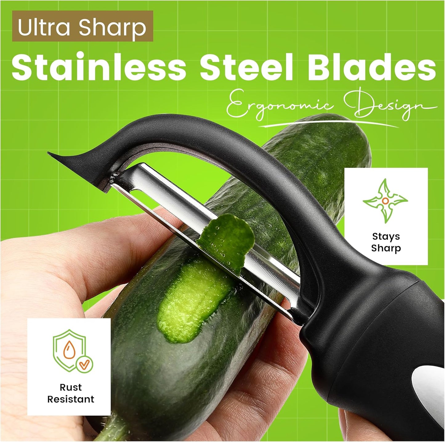 Spring Chef Vegetable Peelers for Kitchen - Stainless Steel Swivel, Y & Julienne Peelers