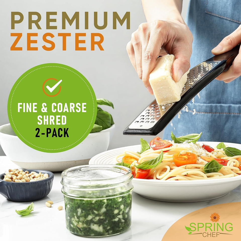 Zester & Grater for Cheese, Lemon, Lime, Orange, Citrus, Garlic, Ginger, Chocolate; Handheld Kitchen Tool with 304 Stainless Steel & Blade Cover - Fine & Coarse Shred, Set of 2