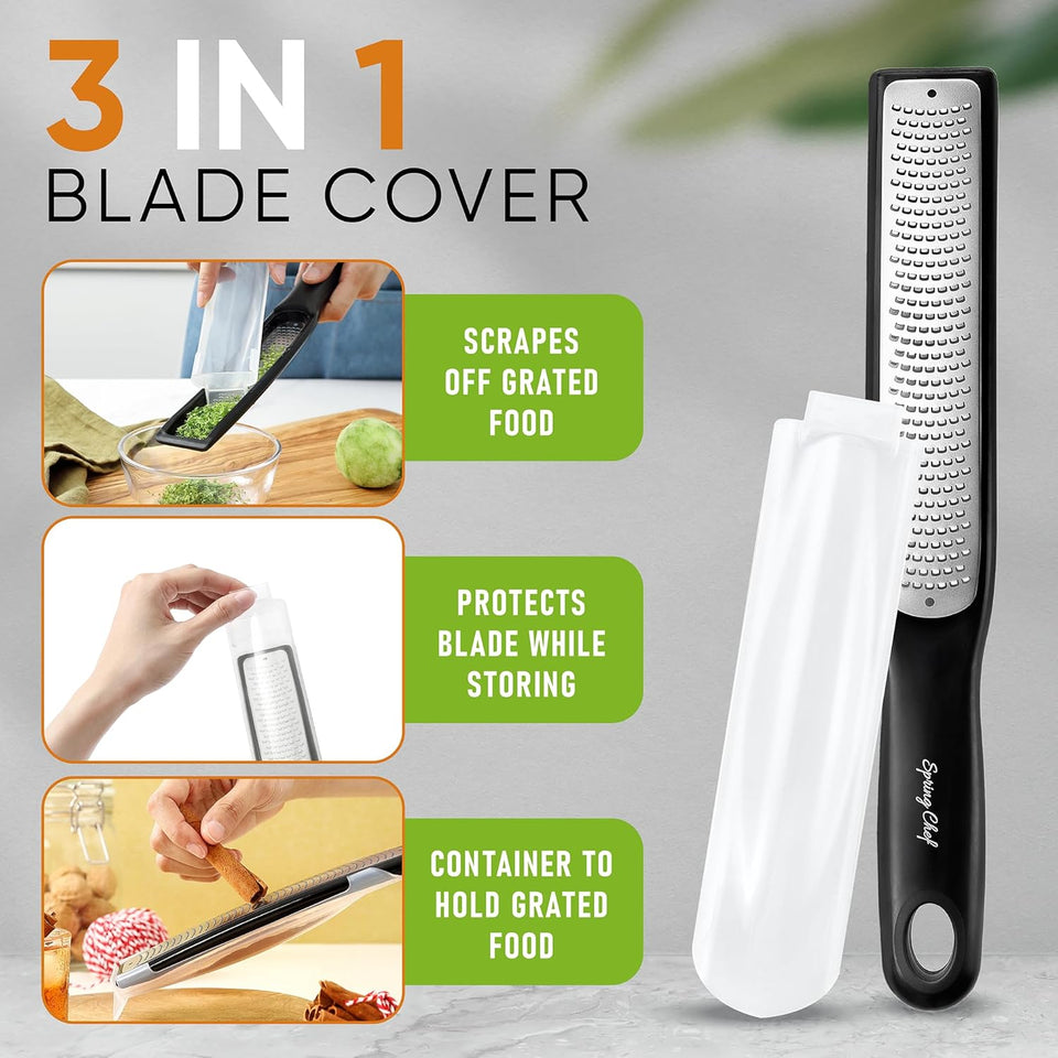 Zester & Grater for Cheese, Lemon, Lime, Orange, Citrus, Garlic, Ginger, Chocolate; Handheld Kitchen Tool with 304 Stainless Steel & Blade Cover - Fine & Coarse Shred, Set of 2