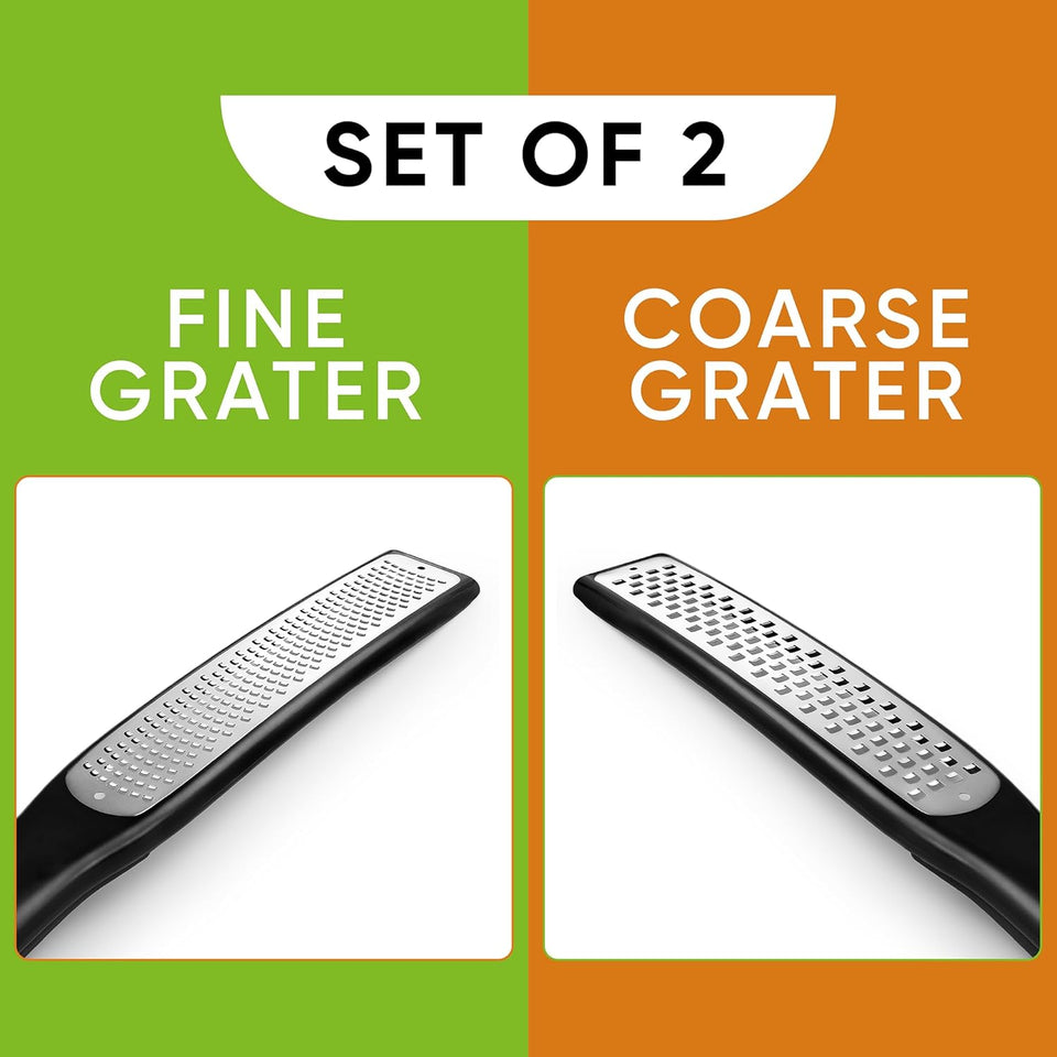 Zester & Grater for Cheese, Lemon, Lime, Orange, Citrus, Garlic, Ginger, Chocolate; Handheld Kitchen Tool with 304 Stainless Steel & Blade Cover - Fine & Coarse Shred, Set of 2