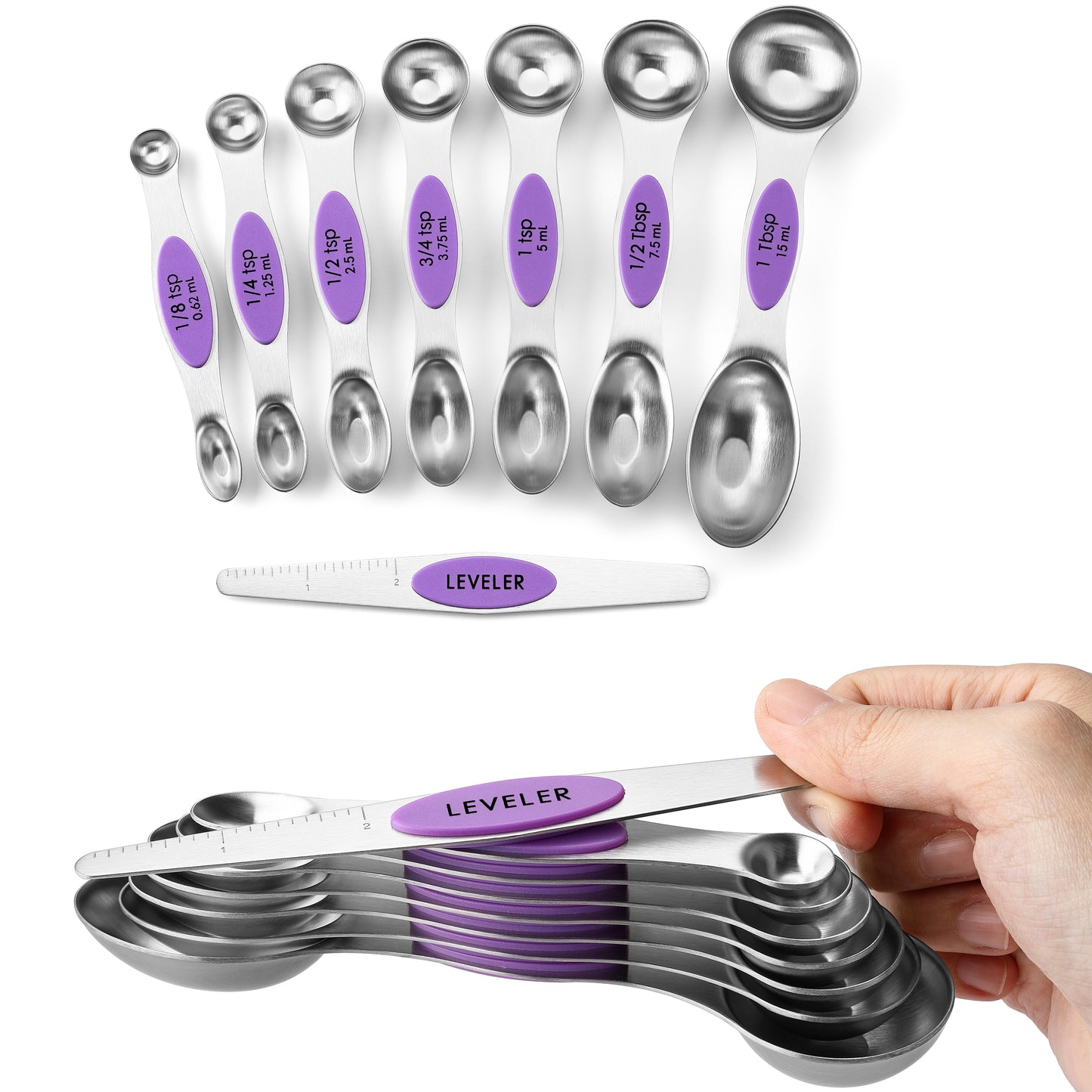 Spring Chef Magnetic Measuring Spoons Set, Dual Sided, Stainless Steel, Fits in Spice Jars, Set of 8, 2 Pack