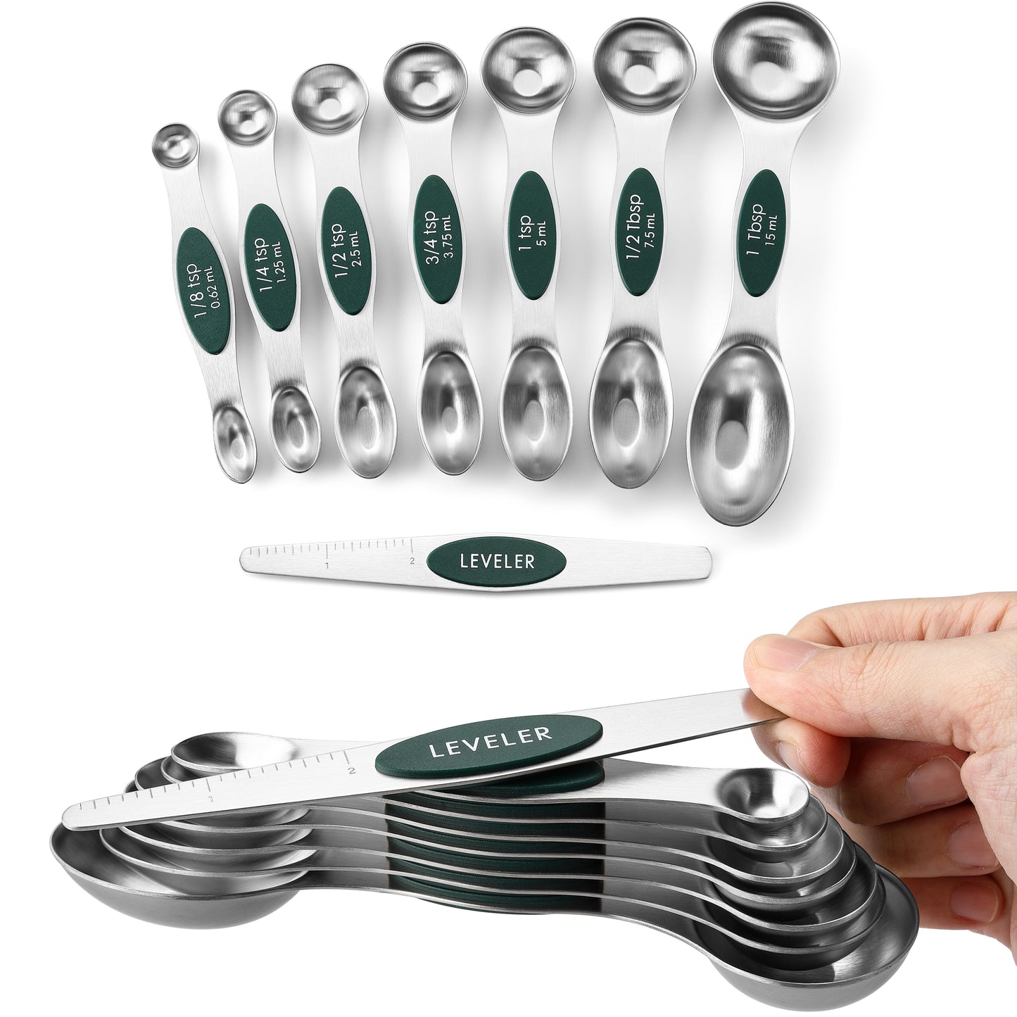 Spring Chef Magnetic Measuring Spoons Set, Dual Sided, Stainless Steel, Fits in Spice Jars, Set of 8, 2 Pack