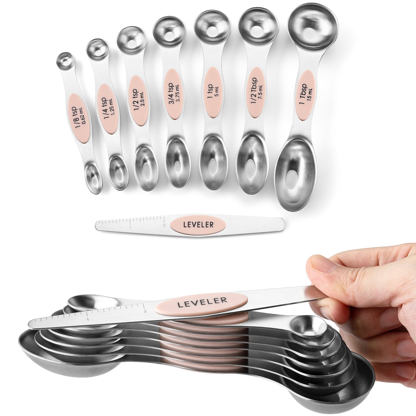 Spring Chef Magnetic Measuring Spoons Set, Dual Sided, Stainless Steel, Fits in Spice Jars, Set of 8, 2 Pack