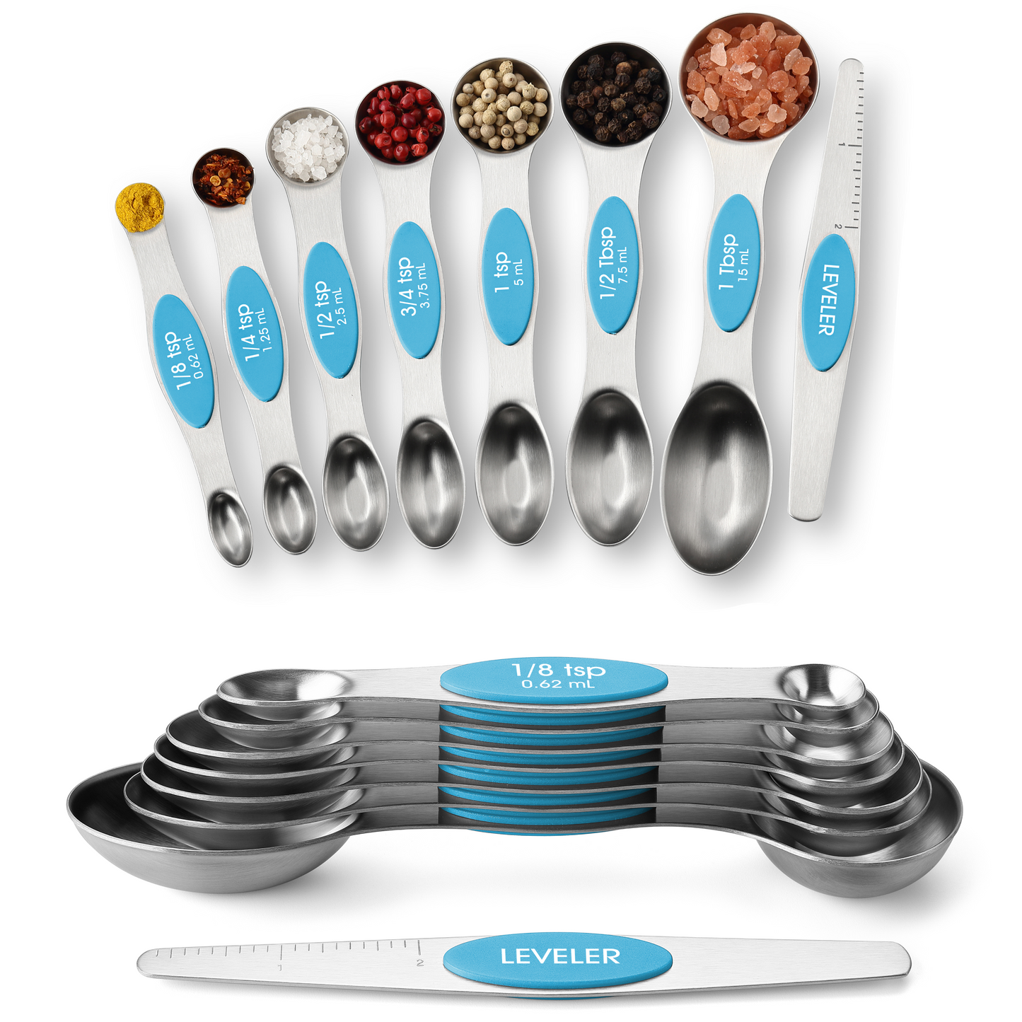 Spring Chef Magnetic Measuring Spoons Set, Dual Sided, Stainless Steel, Fits in Spice Jars, Set of 8, 2 Pack