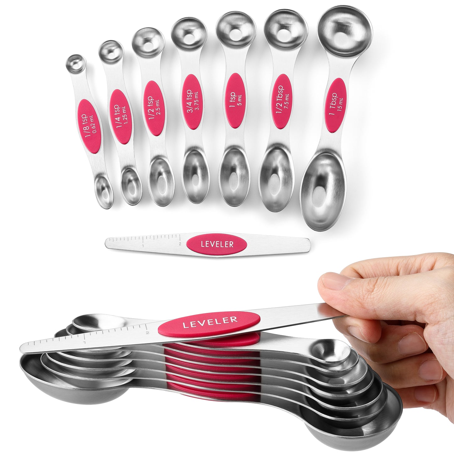 Spring Chef Magnetic Measuring Spoons Set, Dual Sided, Stainless Steel, Fits in Spice Jars, Set of 8, 2 Pack