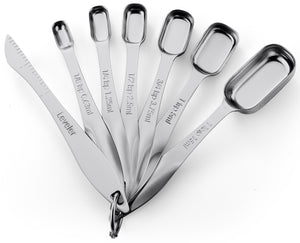 Heavy Duty Stainless Steel Metal Measuring Spoons (Set of 7 Including Leveler)