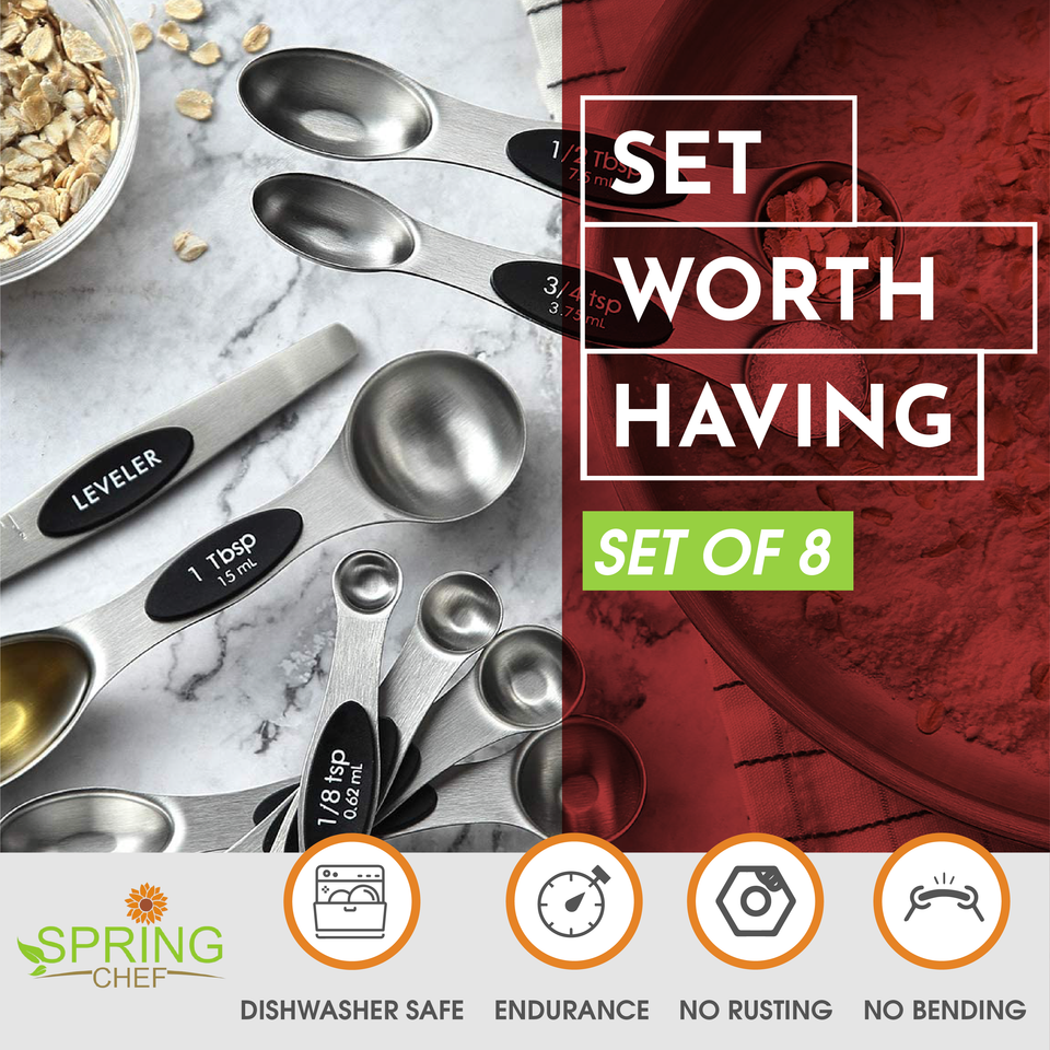 Spring Chef Magnetic Measuring Spoons Set, Dual Sided, Stainless Steel, Fits in Spice Jars, Set of 8, 2 Pack