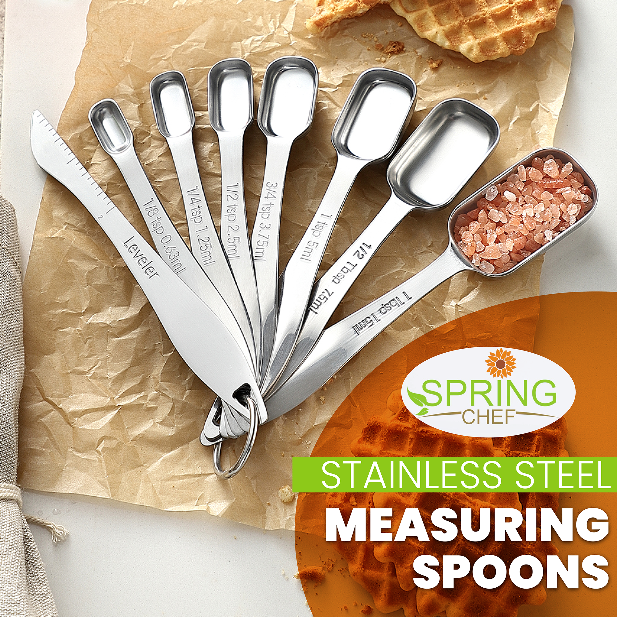 Spring Chef Measuring Spoons, Heavy Duty Round Stainless Steel Metal