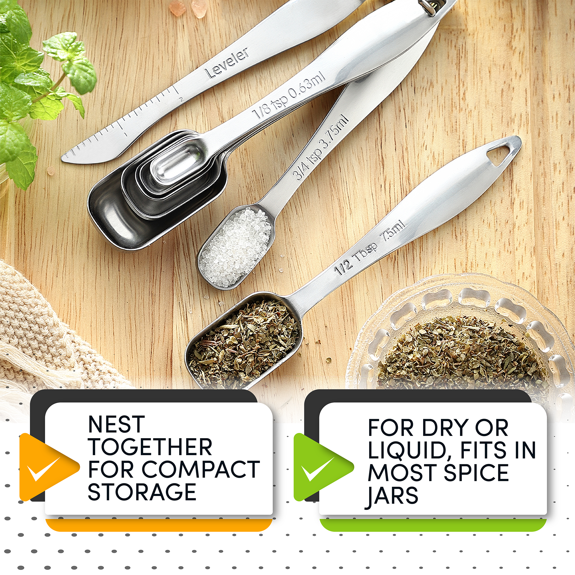 Spring Chef - Round Stainless Steel Measuring Spoons with Handy Leveler,  Easy to Read Markings for Measuring Dry or Liquid Ingredients, Medicine,  and