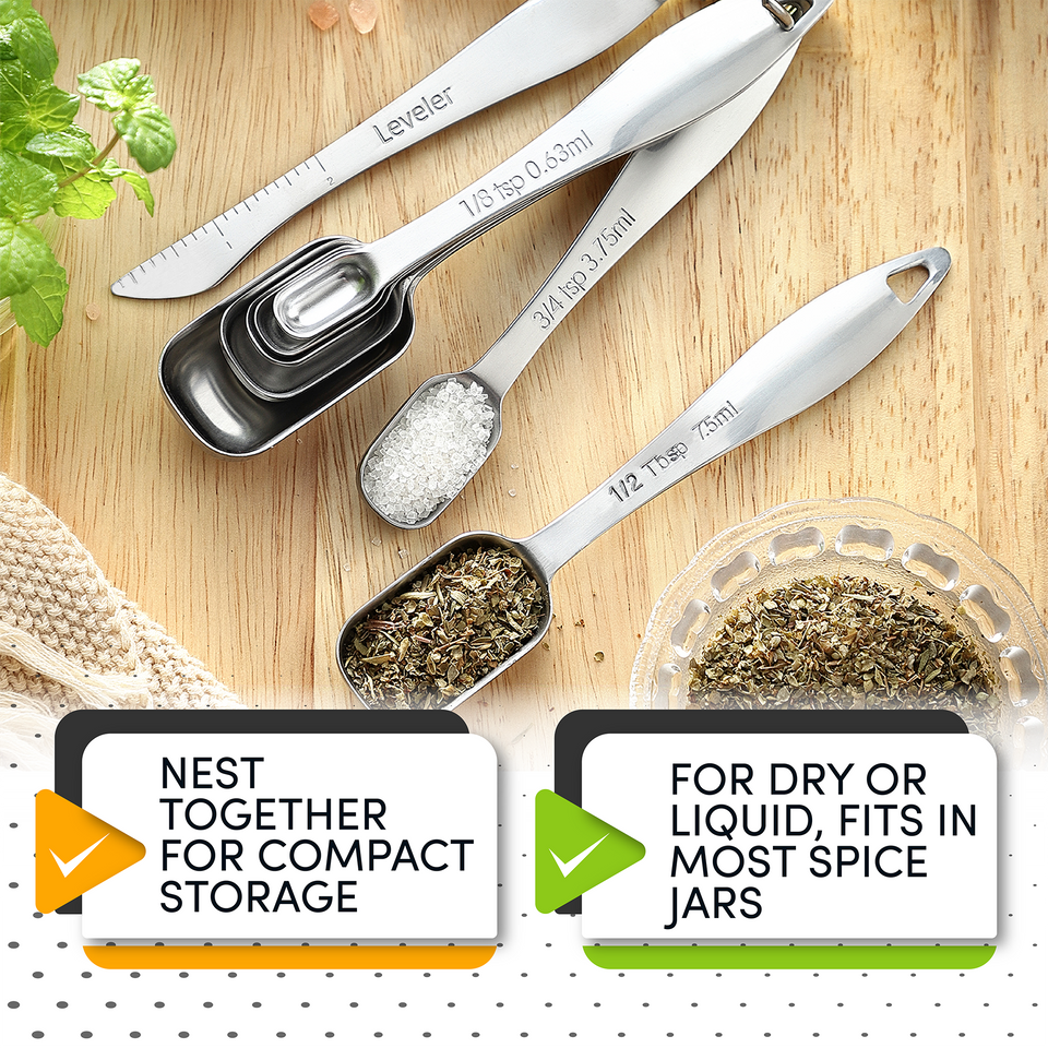 Spring Chef Heavy Duty Stainless Steel Metal Measuring Spoons for Dry or Liquid, Fits in Spice Jar, Set of 6 with Bonus Leveler, Size: Rectangular