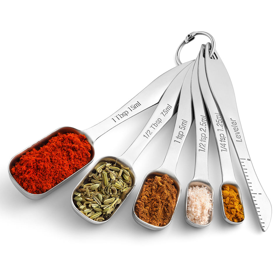 Heavy Duty Stainless Steel Metal Measuring Spoons (Set of 6 Including Leveler)