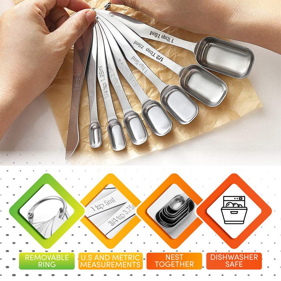 Measuring Cups and Spoons Set Stainless Steel Includes 8 Heavy Duty  Measuring Cups 8 Double Sided Magnetic Measuring Spoons and 1 Leveler for  Dry and