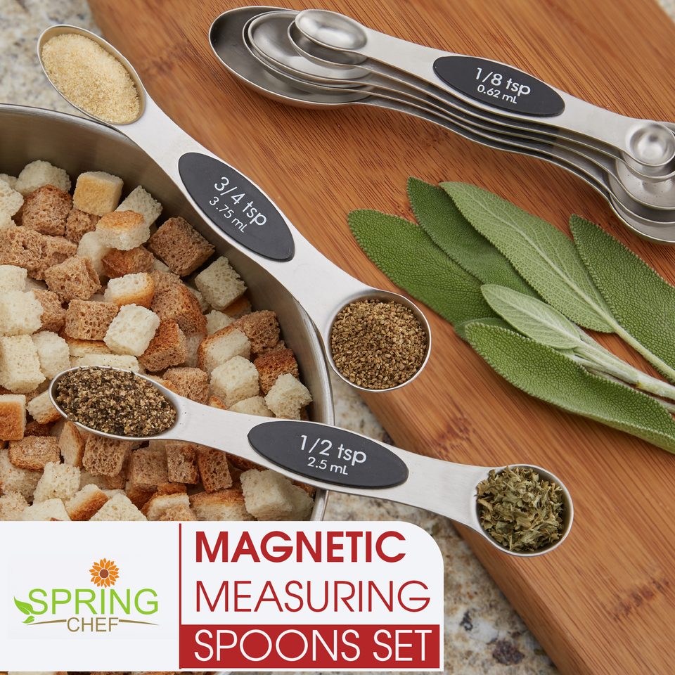 Magnetic Measuring Spoons Set, Dual Sided, Stainless Steel, Fits in Spice Jars, Blue - Aqua Sky, Set of 8, 2 Pack