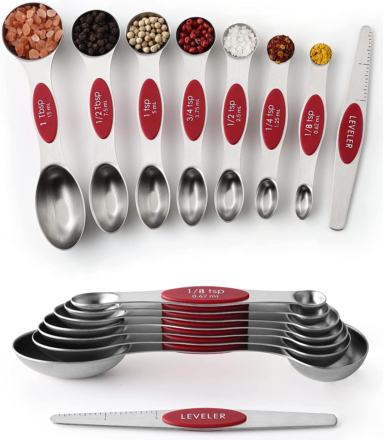 Spring Chef Magnetic Measuring Spoons Set, Dual Sided, Stainless Steel, Fits in Spice Jars, Set of 8, 2 Pack