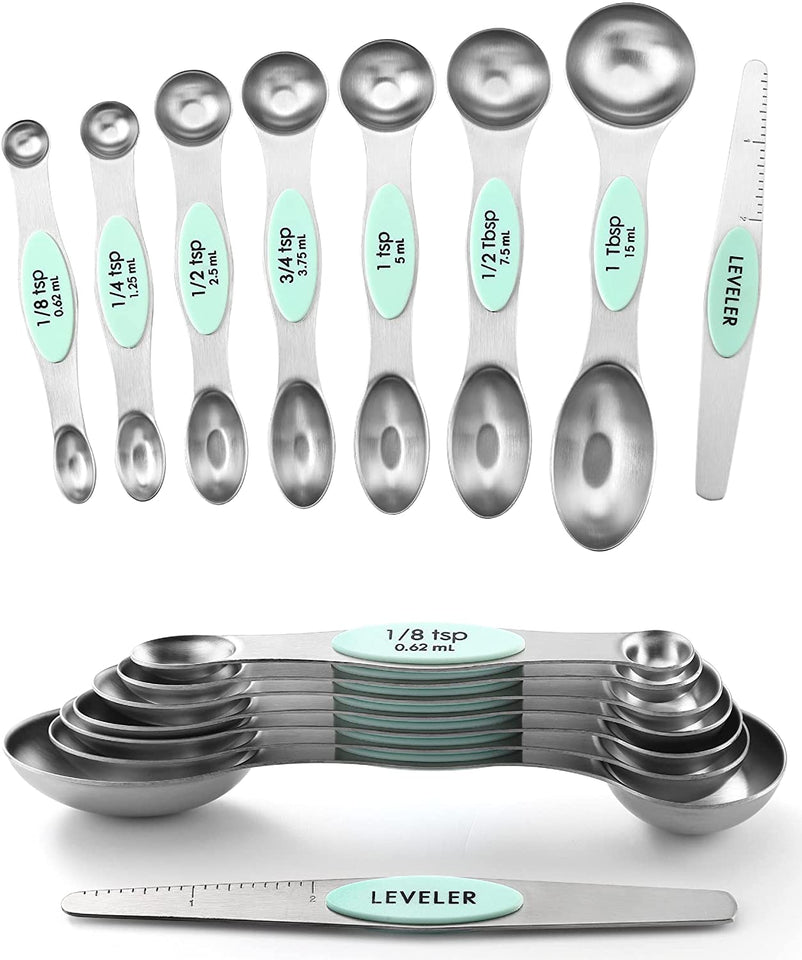 Spring Chef Magnetic Measuring Spoons Set, Dual Sided, Stainless Steel,  Fits in Spice Jars, Sapphire, Set of 8