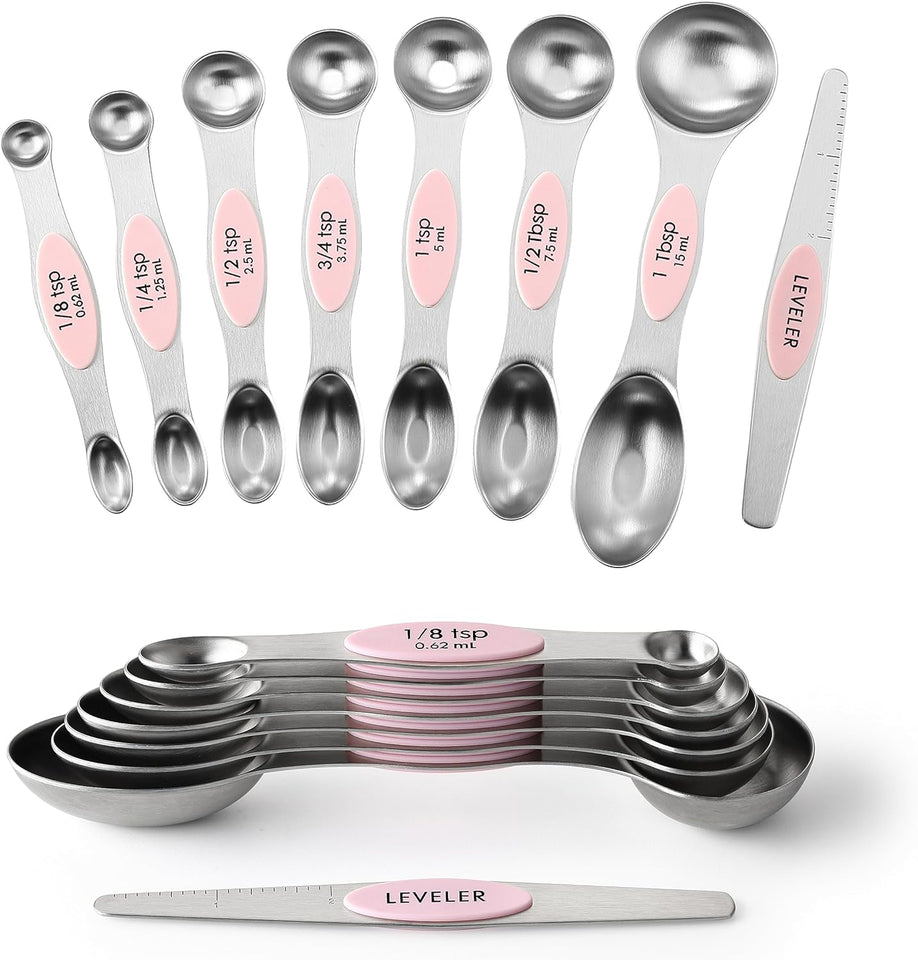 Spring Chef Magnetic Measuring Spoons Set, Dual Sided, Stainless Steel, Fits in Spice Jars, Set of 8, 2 Pack