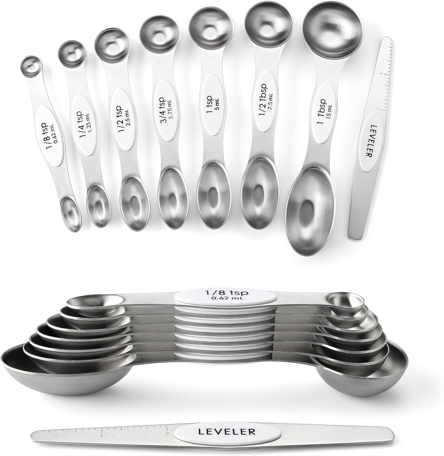 Spring Chef Magnetic Measuring Spoons Set, Dual Sided, Stainless Steel, Fits in Spice Jars, Set of 8, 2 Pack