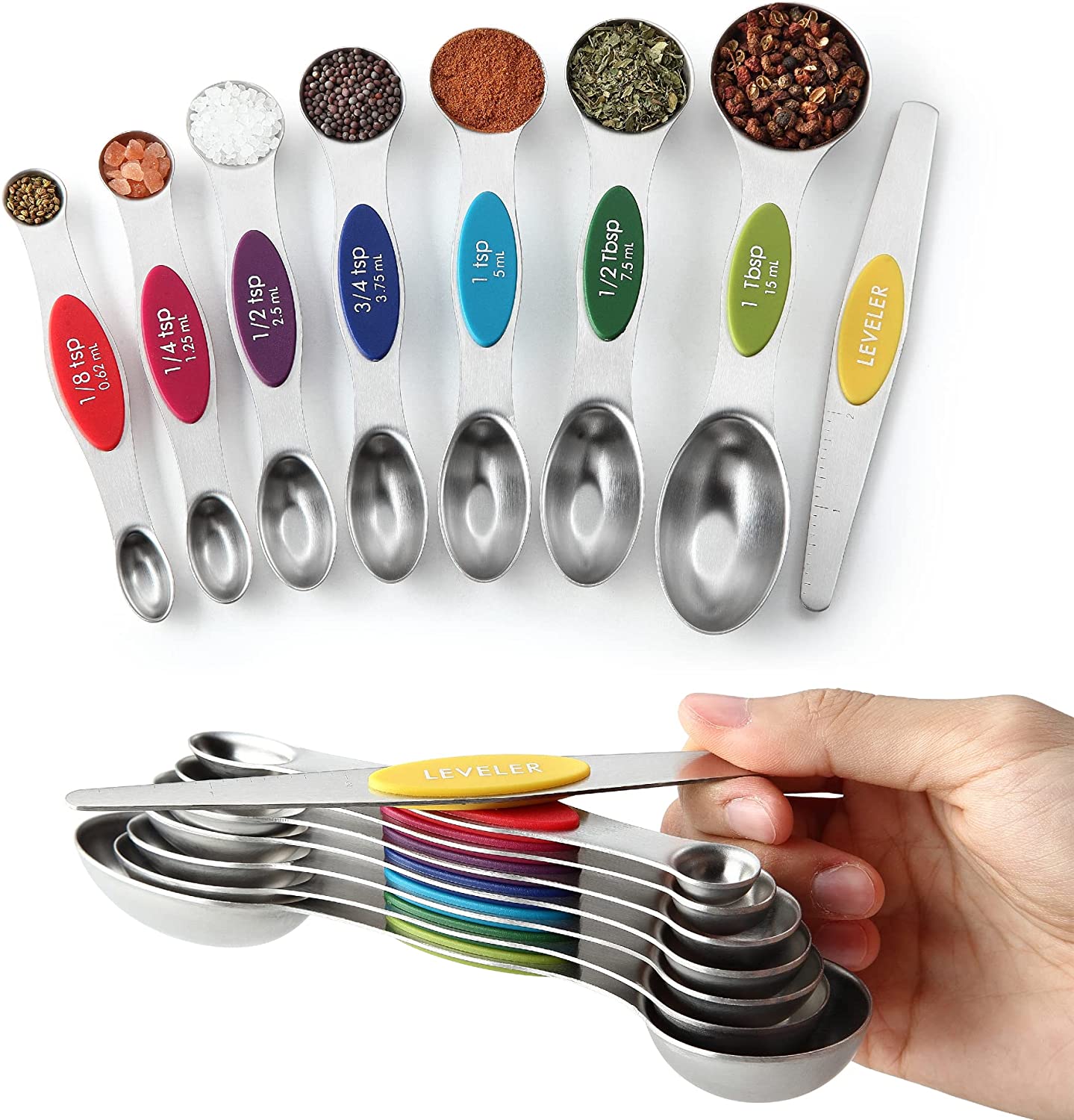Spring Chef Magnetic Measuring Spoons Set, Dual Sided, Stainless Steel, Fits in Spice Jars, Set of 8, 2 Pack