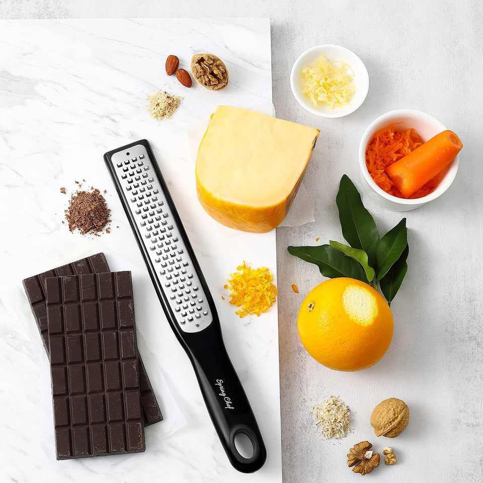 A Classic Zester and Grater - Professional Kitchen Lemon Zester for Lime, Cheese, Garlic, Ginger, Chocolate, Vegetables, Fruits, Dishwasher Safe ,Blac