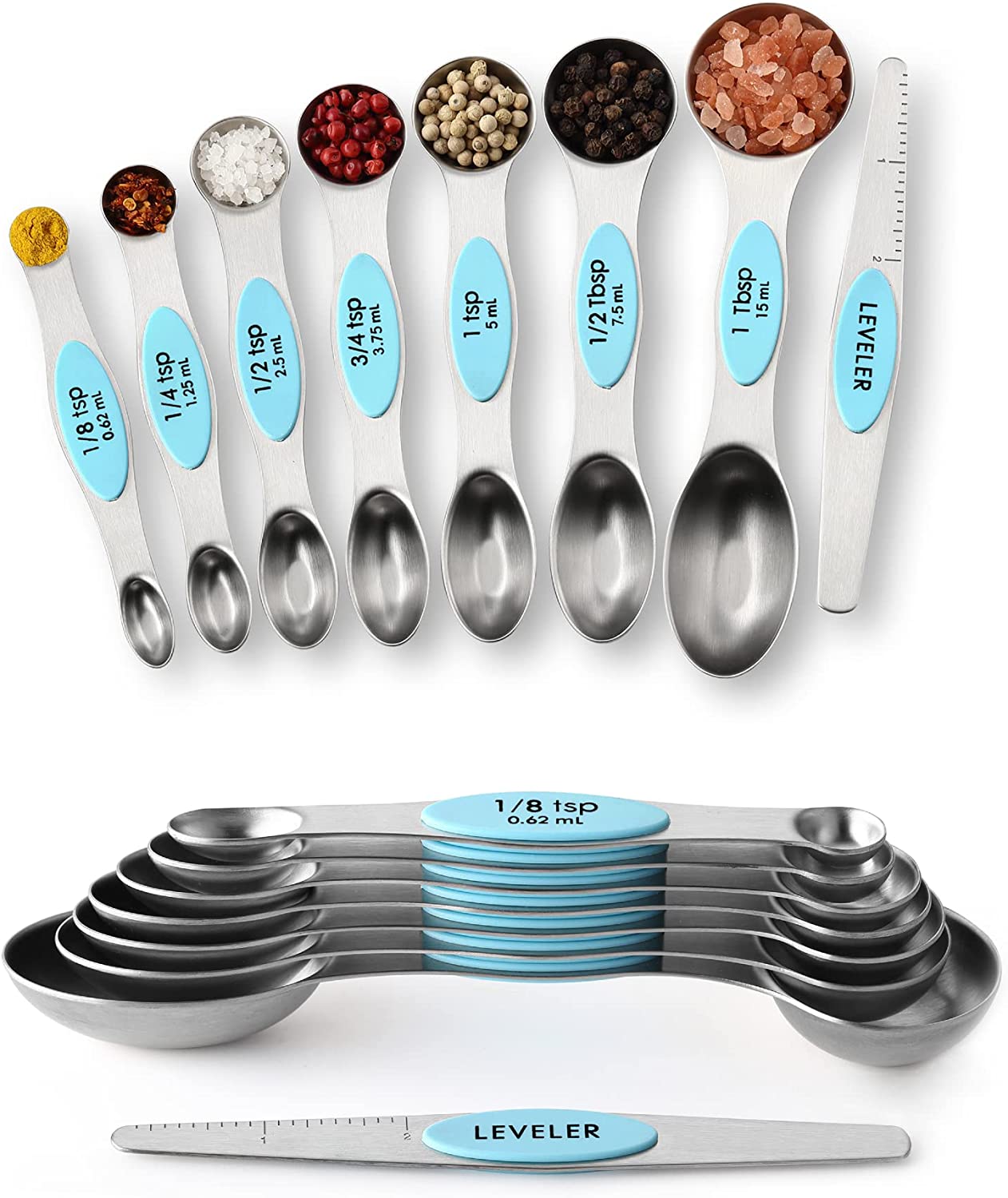 Spring Chef Magnetic Measuring Spoons Set, Dual Sided, Stainless Steel, Fits in Spice Jars, Set of 8, 2 Pack
