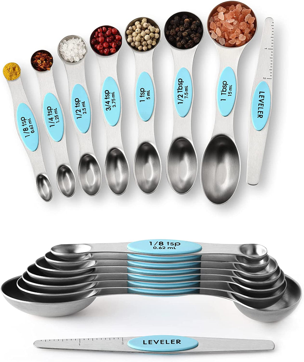 Magnetic Measuring Spoons Set, Dual Sided, Stainless Steel, Fits in Spice Jars (8 Pieces-Multicolor), YF02