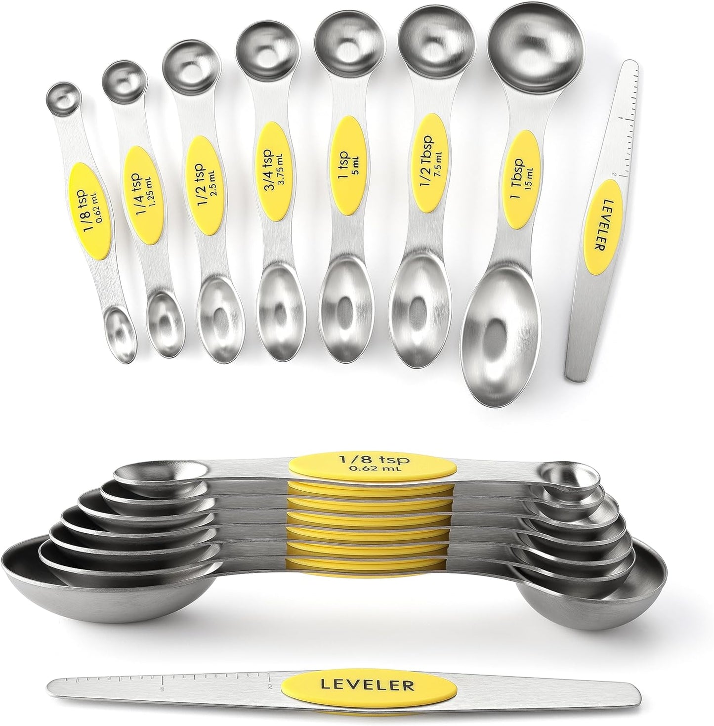 Spring Chef Magnetic Measuring Spoons Set, Dual Sided, Stainless Steel, Fits in Spice Jars, Set of 8, 2 Pack