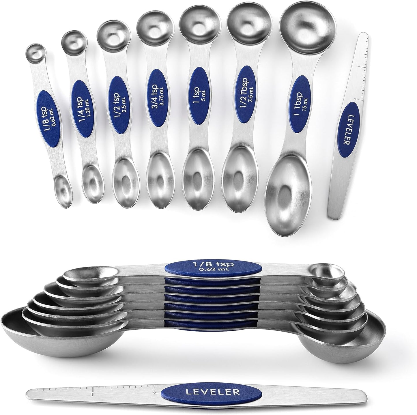 Spring Chef Magnetic Measuring Spoons Set, Dual Sided, Stainless Steel, Fits in Spice Jars, Set of 8, 2 Pack