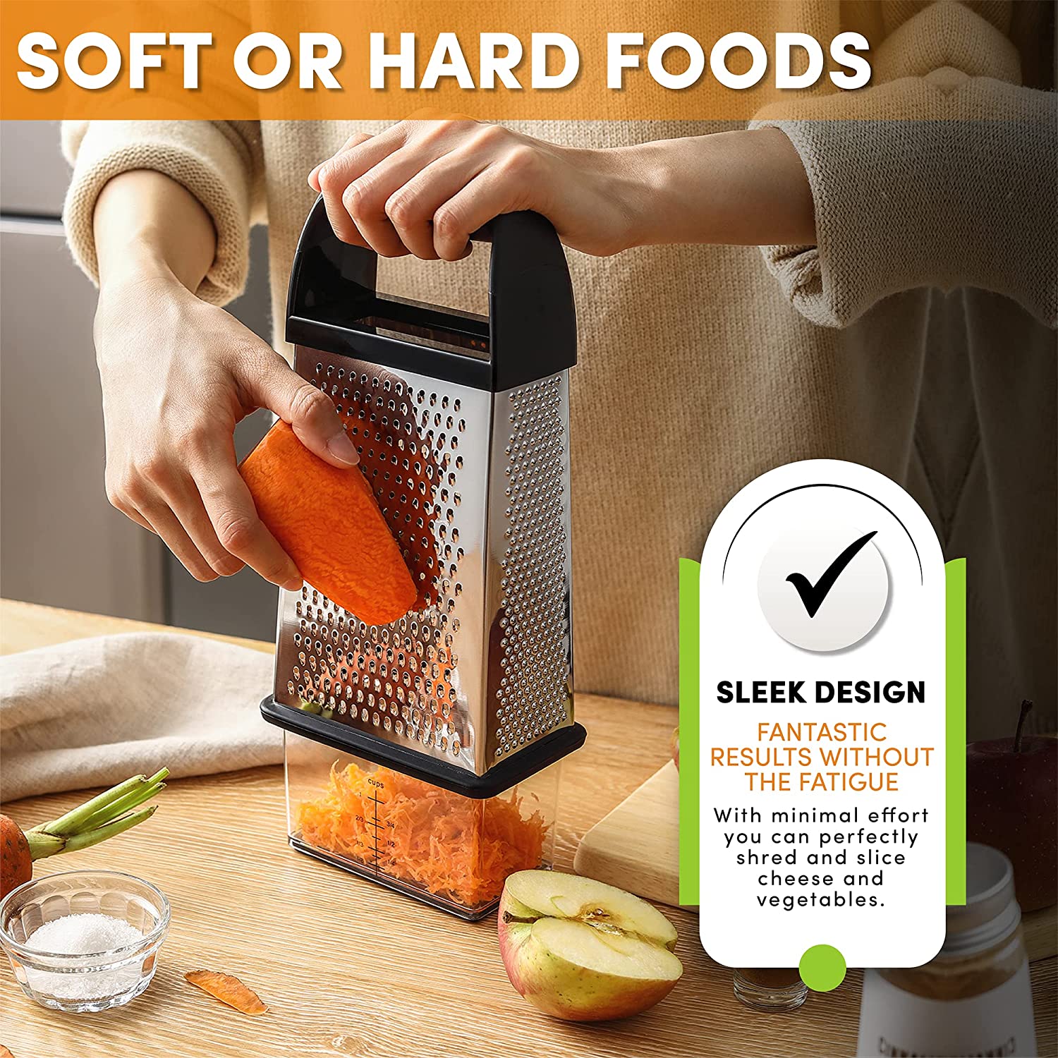 Spring Chef Professional Cheese Grater With Storage Container, Stainless  Steel & Soft Grip Handle, 4 Sided Handheld Kitchen Food Shredder Best Box