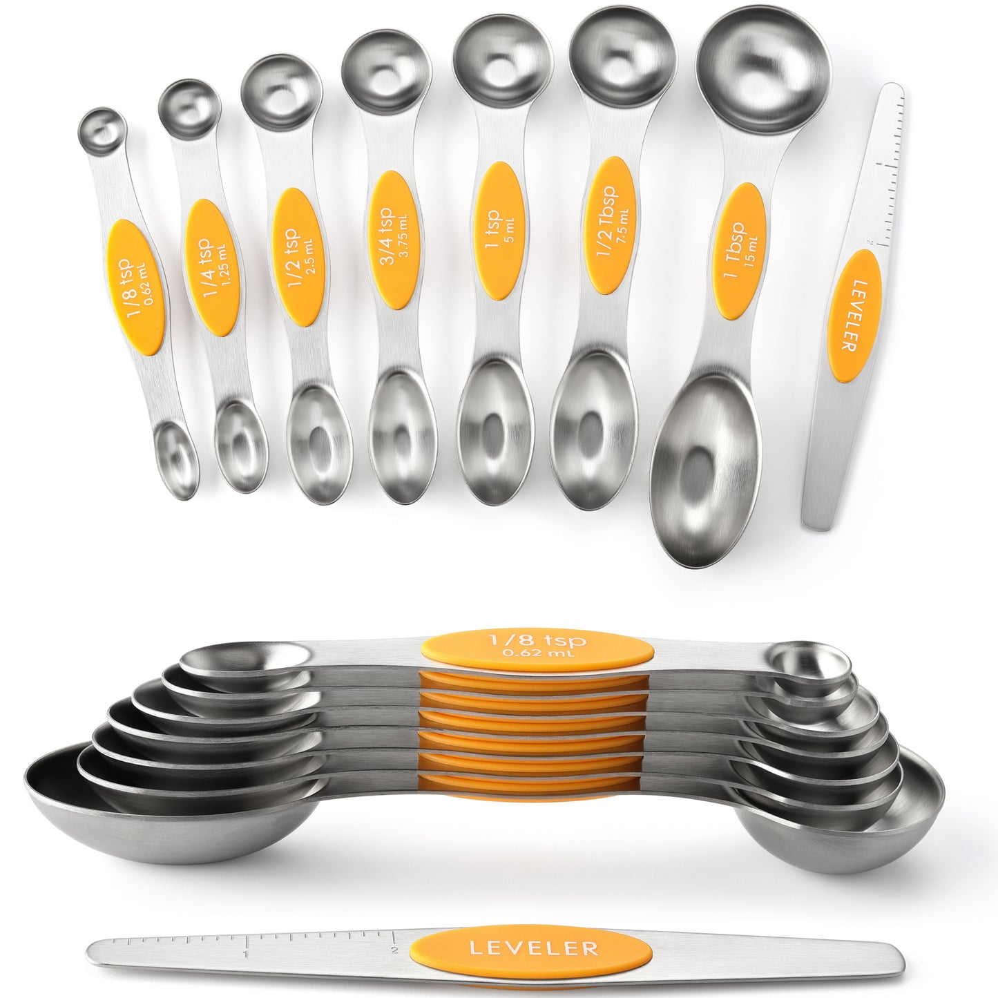 Spring Chef Magnetic Measuring Spoons Set, Dual Sided, Stainless Steel, Fits in Spice Jars, Set of 8, 2 Pack