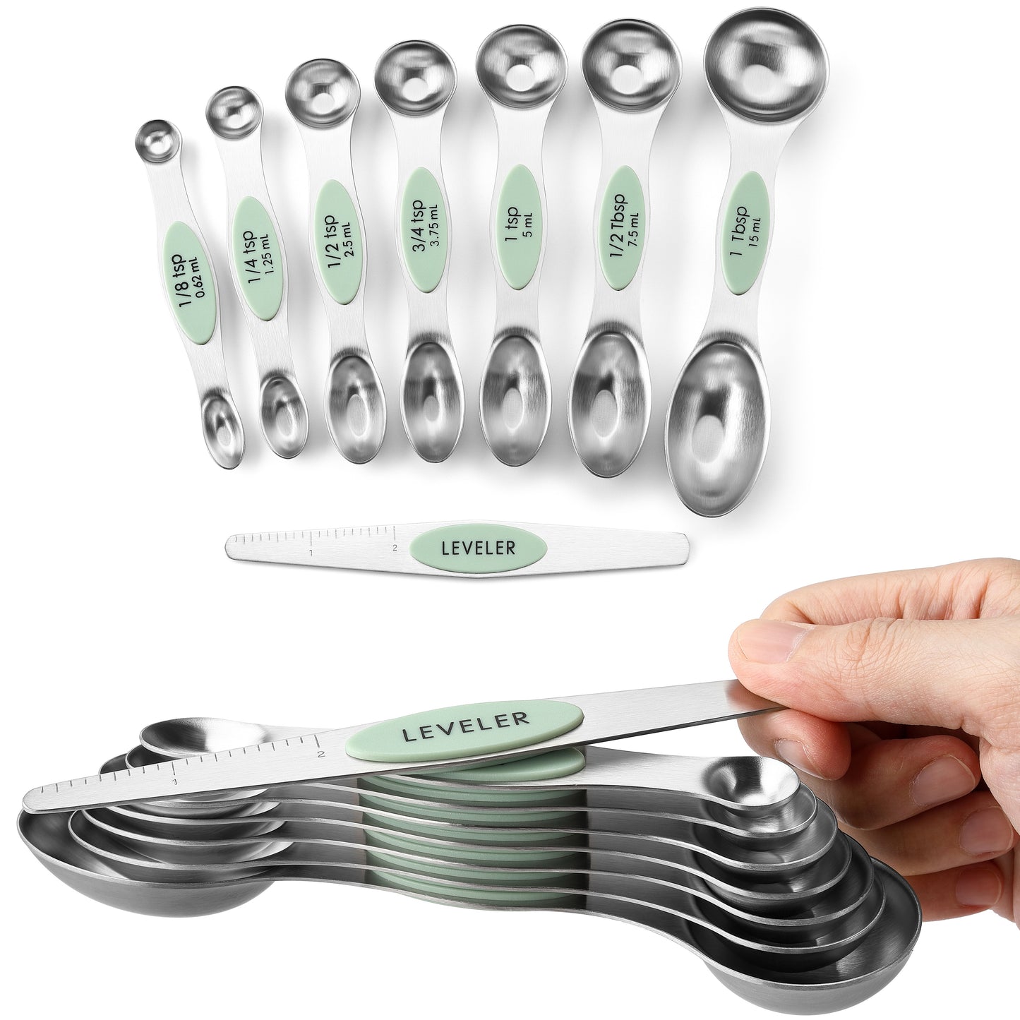 Spring Chef Magnetic Measuring Spoons Set, Dual Sided, Stainless Steel, Fits in Spice Jars, Set of 8, 2 Pack
