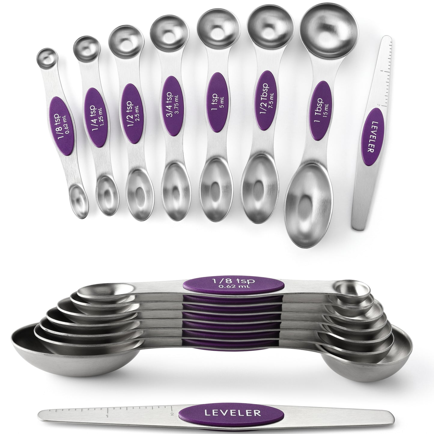 Spring Chef Magnetic Measuring Spoons Set, Dual Sided, Stainless Steel, Fits in Spice Jars, Set of 8, 2 Pack